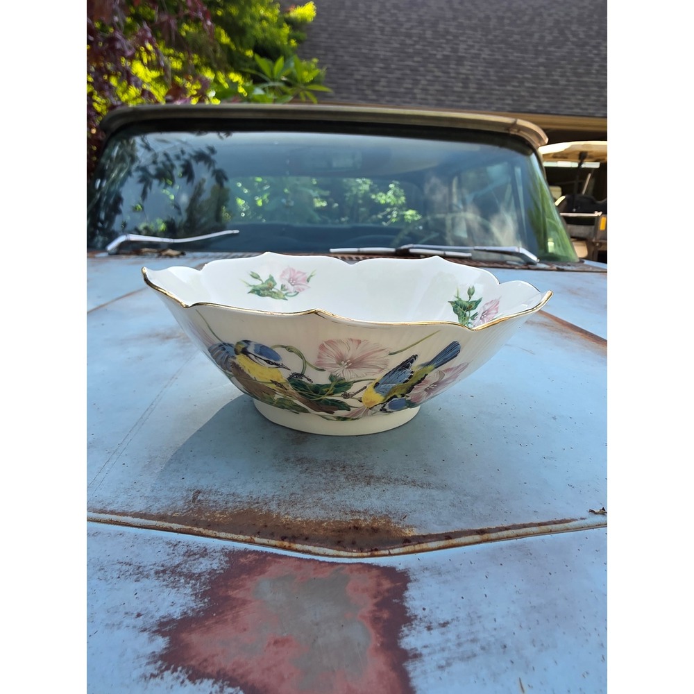 Vintage Japanese Porcelain Serving Bowl Blue Birds Pink Flowers Gold Trim